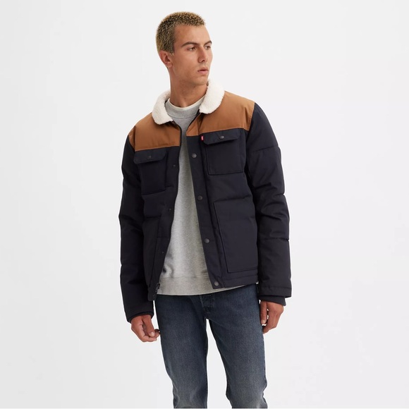 Levi's Quilted Woodsman Puffer Jacket Mens Medium Blue Tan - Picture 7 of 8